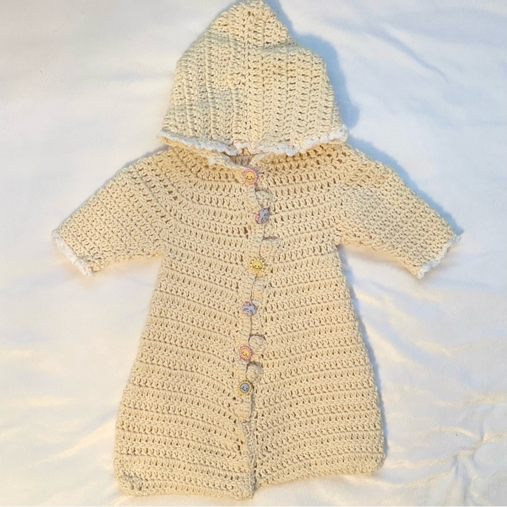 Vintage Handmade Crocheted Pale Yellow Fun Button Hooded Bunting Baby Girl Sack